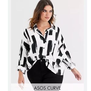ASOS Curve Long Sleeve Button Up Shirt with Brush Stroke Print